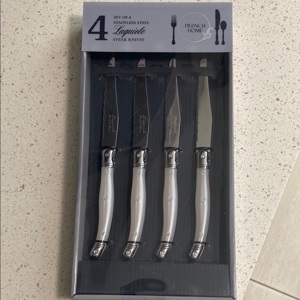 FRENCH HOME Laguiole Stainless Steel Steak Knives Set of 4 - Pearl White Handles